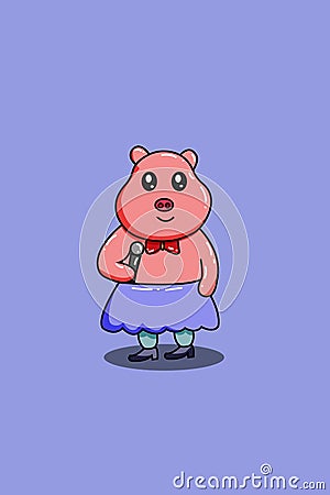 Cute happy pig with purple skirt and microphone cartoon illustration Vector Illustration