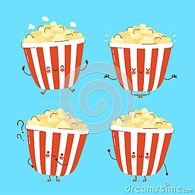 Cute happy popcorn character set Vector Illustration