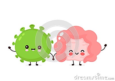 Cute happy probiotic bacteria and intestine organ Vector Illustration