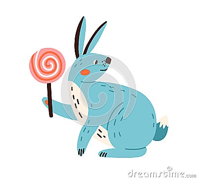 Cute happy rabbit with lollipop. Smiling bunny with lollypop. Funny long-eared hare holding lolipop in paw. Colored flat Vector Illustration