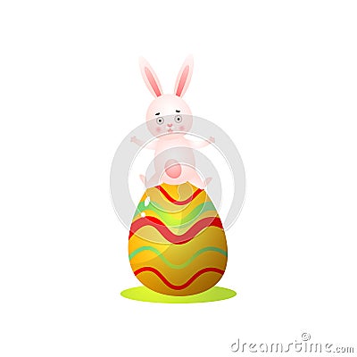 Cute happy red easter rabbit stay on big colorful egg Vector Illustration