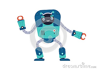 Cute happy robot toy. Funny child bot with smiling face. Kids adorable humanoid cyborg. Retro metal machine with AI Vector Illustration