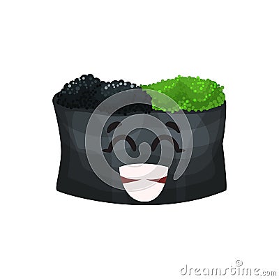 Cute happy roll character with caviar, sushi with funny face cartoon vector Illustration Vector Illustration