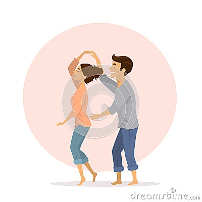 Cute happy romantic couple in love having fun dancing at home Vector Illustration