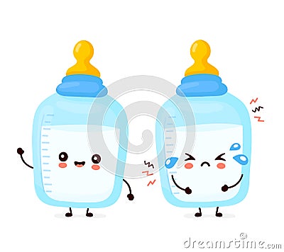 Cute happy and sad bottle with nipple pacifier Vector Illustration