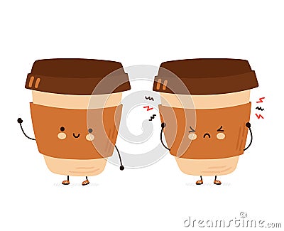 Cute happy and sad funny coffee cup Vector Illustration