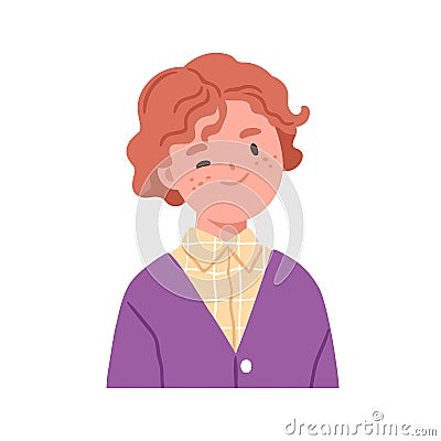Cute happy school boy head portrait. Smiling winking child. Adorable redhead kid, schoolboy with freckles on face Vector Illustration