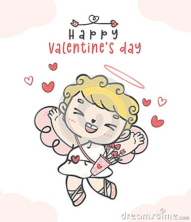 Cute happy smile cupid curly hair boy flying with arrow, Happy Valentine`s day, cartoon hand drawing doodle vector Vector Illustration