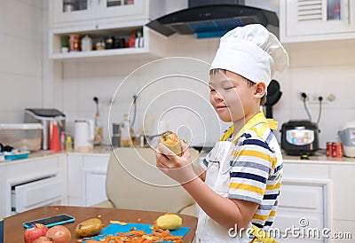 Cute happy smiling Asian boy child wearing chef hat and apron having fun preparing, cooking healthy Homemade Japanese Curry Rice Stock Photo