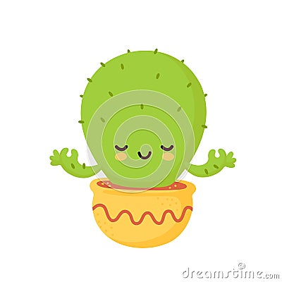 Cute happy smiling cactus meditate Vector Illustration