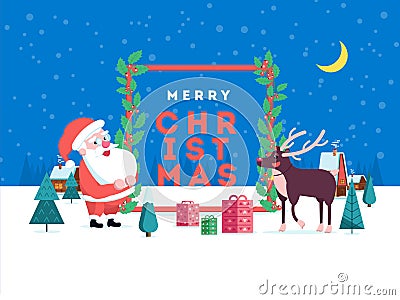 Cute happy smiling cartoon santa and reindeer on winter landscape background. Christmas holiday decoration for poster or Vector Illustration