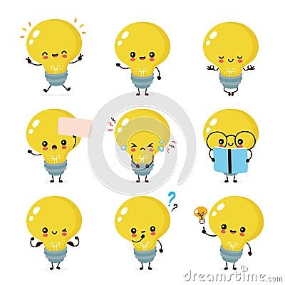 Cute happy smiling light bulb character Vector Illustration