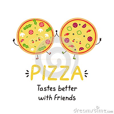 Cute happy smiling pizza friends Vector Illustration