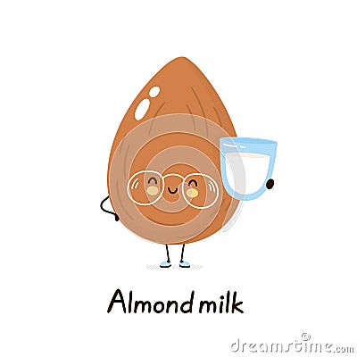 Cute happy smiling plant based almond milk Vector Illustration