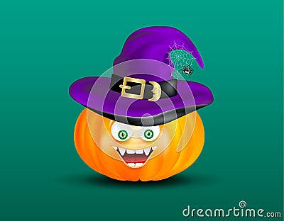 Cute happy smiling pumpkin head witch purple hat and scary funny decor of spider on cobweb on dark green background. Halloween ico Stock Photo