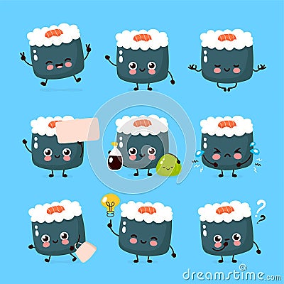 Cute happy smiling sushi character Vector Illustration