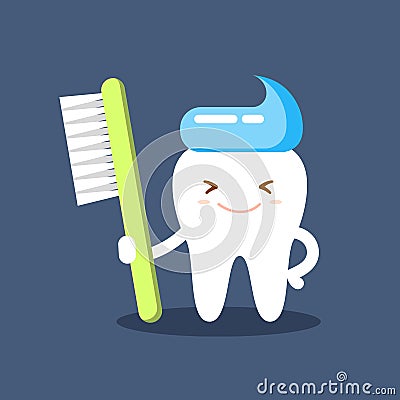 Cute happy smiling tooth with toothbrush and toothpaste hairstyle. Clear tooth concept. Brushing teeth. Dental kids care Vector Illustration