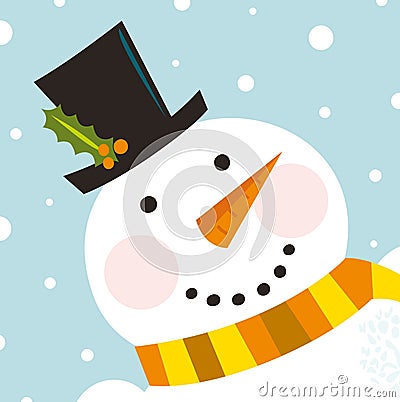 Cute happy Snowman face with snowing background Vector Illustration