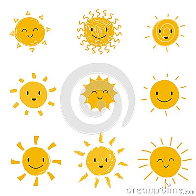 Cute happy sun with smiley face. Summer sunshine vector set isolated Vector Illustration