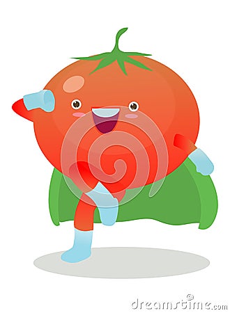 Cute happy super tomato, Superhero Vegetables in a superhero costume, mask and cloak. Vector concept illustration in a flat style Vector Illustration