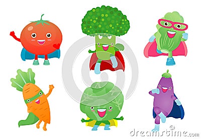 Cute happy Superhero Vegetables in a superhero costume, mask and cloak. Vector concept illustration in a flat style for a healthy Vector Illustration