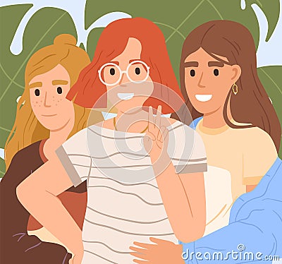 Cute happy teenagers posing together for photo. Adolescent smiling girls school friends hugging. Modern teen classmates Vector Illustration