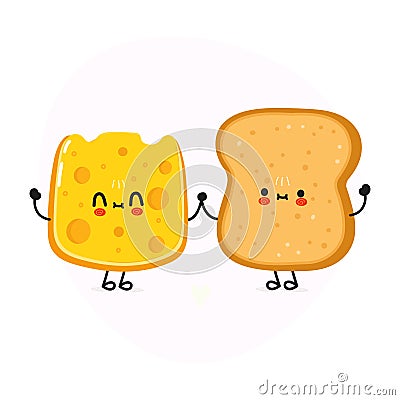 Cute happy toast and cheese card. Vector hand drawn doodle style cartoon character illustration icon design. Happy bread and Vector Illustration