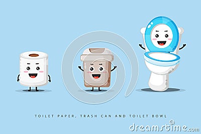 Cute happy toilet paper, trash can and toilet bowl Stock Photo