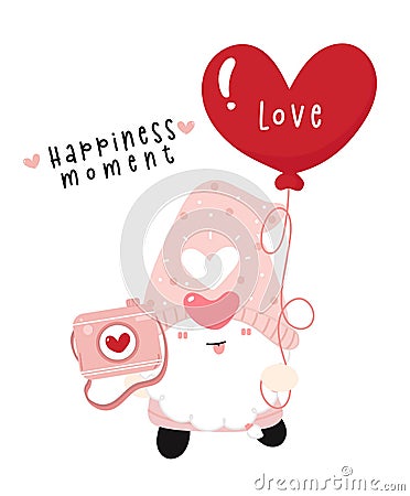 Cute happy Valentine Gnome boy have camera and heart shape balloons, happiness moment, cartoon flat vector Vector Illustration