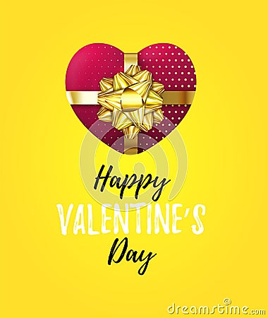 Cute Happy Valentine`s Day banner with 3d Realistic Gift Box in a Heart shape. Halftone Heart with Gold Bow isolated on Vector Illustration