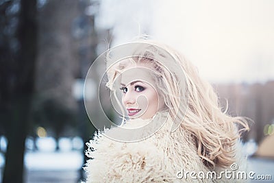 Cute Happy Woman with Windy Hair Stock Photo