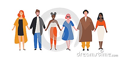 Cute happy young men and women holding hands. Funny smiling people standing in row together. Group of cheerful friends Vector Illustration