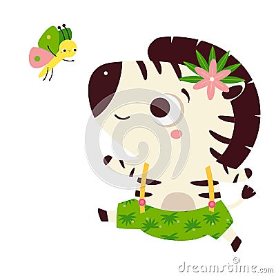 Cute happy zebra. Cartoon animal character for kids and children Vector Illustration
