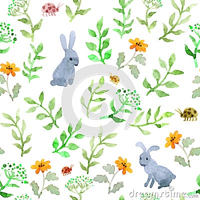 Cute hare animal, meadow flowers. Repeating watercolor ditsy pattern Stock Photo