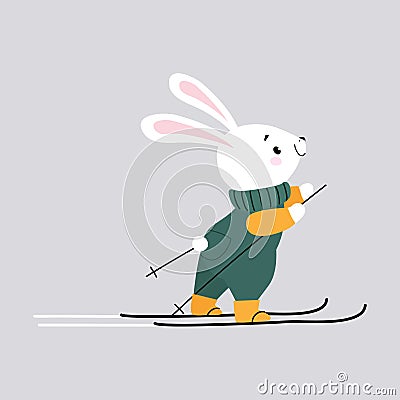 Cute Hare Animal Wearing Warm Clothes Skiing Enjoying Winter Season Vector Illustration Vector Illustration