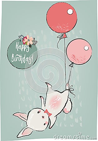 Cute hare with balloons Vector Illustration