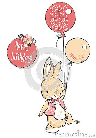 Cute hare with balloons Vector Illustration