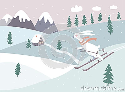 Cute hare or bunny in a red scarf is skiing down the slide. Winter landscape with mountain, house and trees Vector Illustration