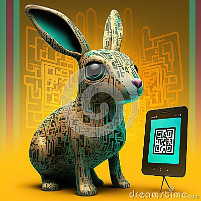 A cute hare or rabbit is sitting in an orange space. Next to it stands a tablet or mobile phone displaying a qr code. Generative Cartoon Illustration