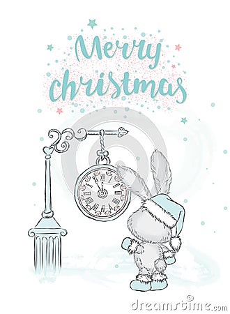 Cute hare under the clock. New Year card. Christmas. Vector Illustration