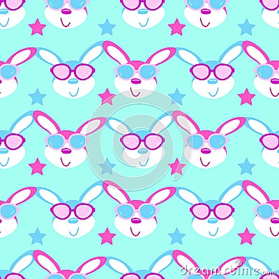 Cute hares with glasses child seamless, pattern Vector Illustration