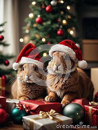 Cute hares or rabbits wearing Santa Claus red hat under the Christmas tree Stock Photo