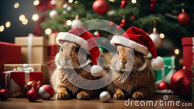 Cute hares or rabbits wearing Santa Claus red hat under the Christmas tree Stock Photo