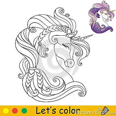 Cute head of unicorn in profile coloring vector Vector Illustration