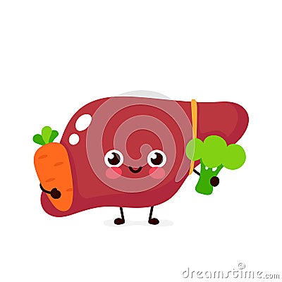 Cute healthy happy liver character with broccoli Vector Illustration