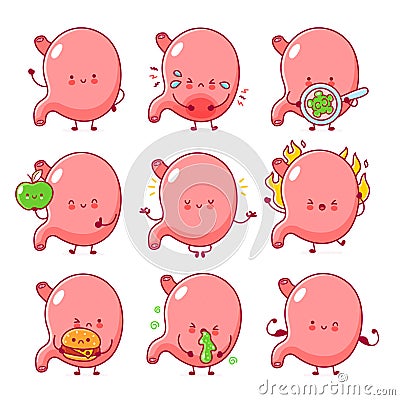 Cute healthy and sad unhealthy funny stomach organ Vector Illustration