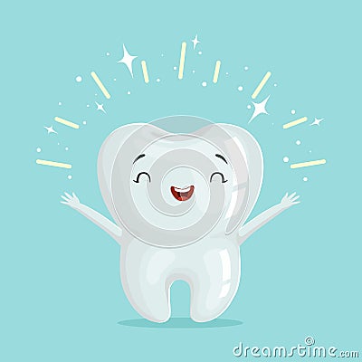 Cute healthy shiny cartoon tooth character, childrens dentistry concept vector Illustration Vector Illustration