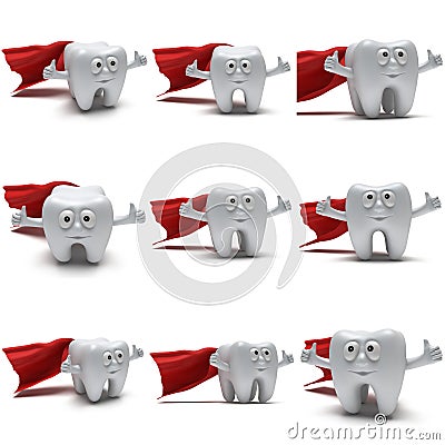 Cute healthy superhero tooth with hands shows thumbs up Stock Photo