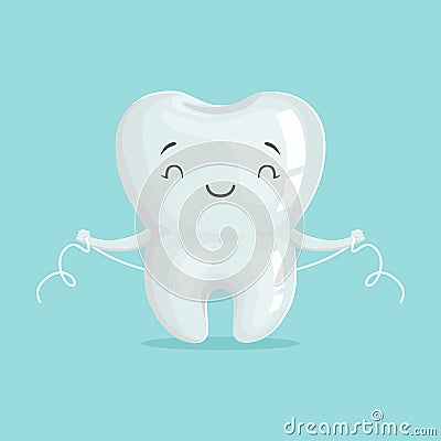 Cute healthy white cartoon tooth character cleaning itself with dental floss, oral dental hygiene, childrens dentistry Vector Illustration