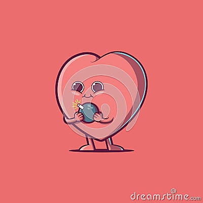 Cute Heart Character with a bomb in his hand's vector illustration. Vector Illustration